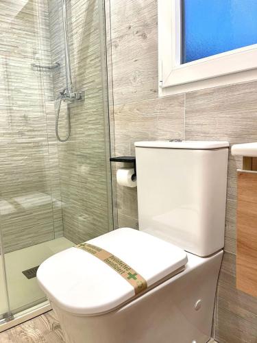 a bathroom with a white toilet and a shower at El BURGO DE OSMA ALOJAMIENTO RURAL VILLA BAGH in El Burgo de Osma
