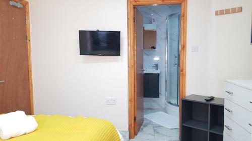 a bedroom with a bed and a tv and a mirror at Double Ensuite Rooms Near City Centre in Birmingham