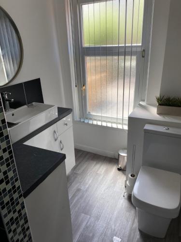 a bathroom with a toilet and a sink and a mirror at Mitchell Heights in Pontnewynydd