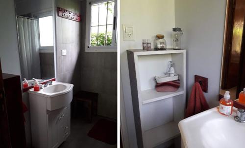 two pictures of a bathroom with a sink and a toilet at Complejo de Cabañas Villapaz in Mar del Plata