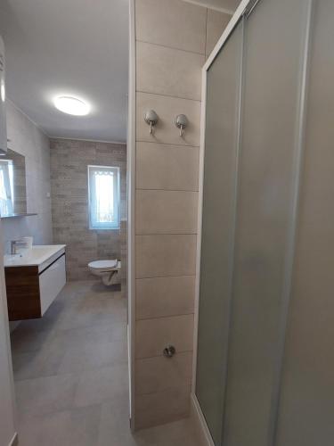 a bathroom with a shower with a toilet and a sink at Apartments Velinka in Rab