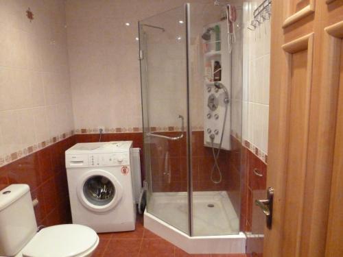 プーシキンにあるAleksandrovskaya One Holiday Homeのバスルーム(シャワー、洗濯機付)