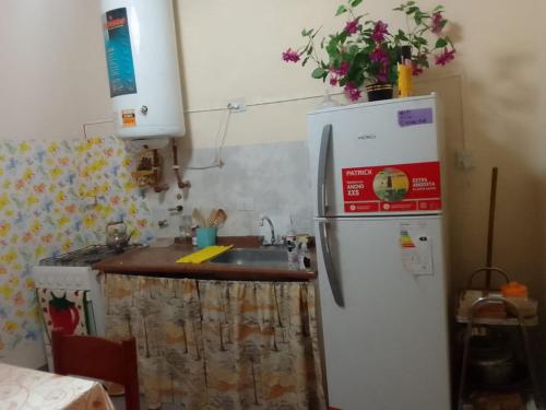 a kitchen with a sink and a refrigerator at Amancay in Payogasta