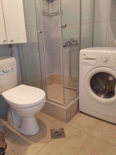 een badkamer met toilet en wasmachine bij Petar's Apartment in Skopje