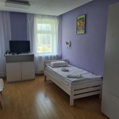 a small bedroom with a bed and a television at Tara Lodge in Ulaanbaatar