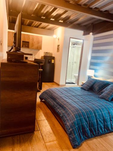 um quarto com uma cama e uma televisão numa cómoda em Apartamentos Plaza de la Independencia em Zipaquirá
