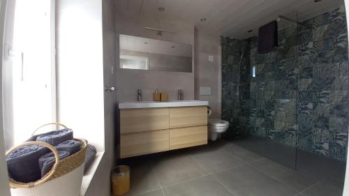 uma casa de banho com um lavatório, um chuveiro e um WC. em Aloha chambres em Port-Valais
