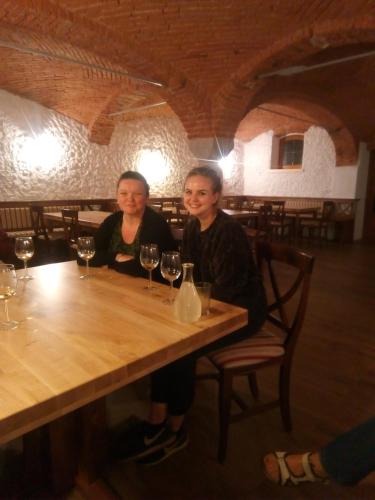 two women sitting at a table with wine glasses at B&B family room Tubej in Bohinj