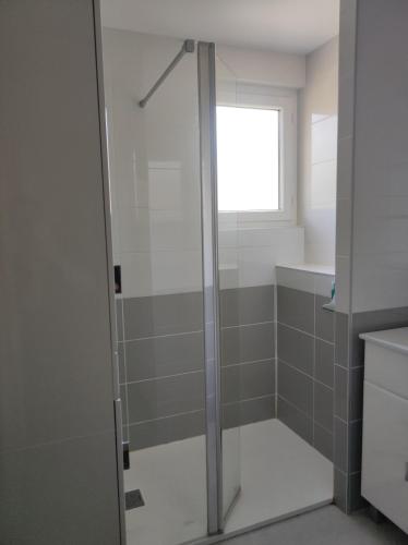une douche avec une porte vitrée dans une salle de bain dans l'établissement Appartement Mont Guillaume, à Embrun