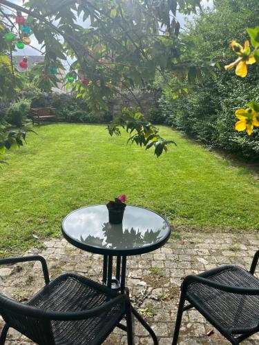 a table with a potted plant on it next to two chairs at Ringfort Manor in Rathfriland