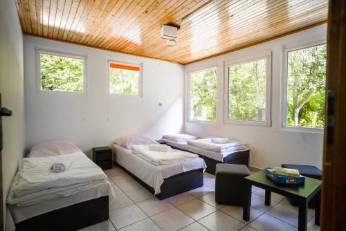 a room with two beds and a table and windows at River Park in Zator