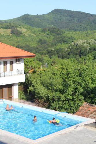 a group of people swimming in a swimming pool at Бадевски рай-къща Вяра in Badewzi