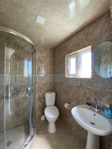 a bathroom with a toilet and a sink and a shower at Lia's Guest House in Sighnaghi