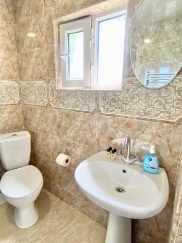 a bathroom with a sink and a toilet and a mirror at Lia's Guest House in Sighnaghi