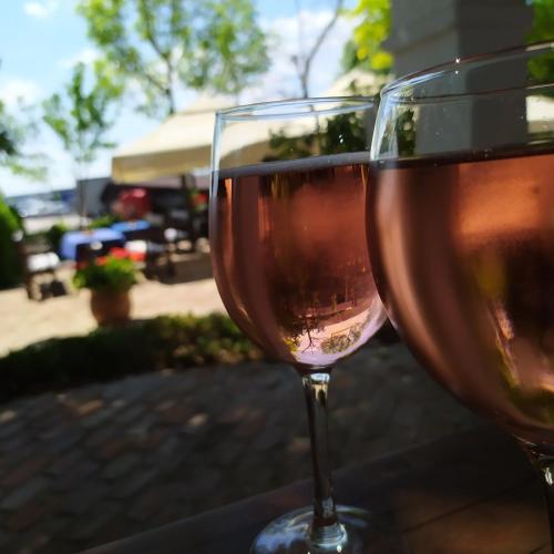 two glasses of wine sitting on a table at Gastland M1 Hotel & Conference Center in Páty