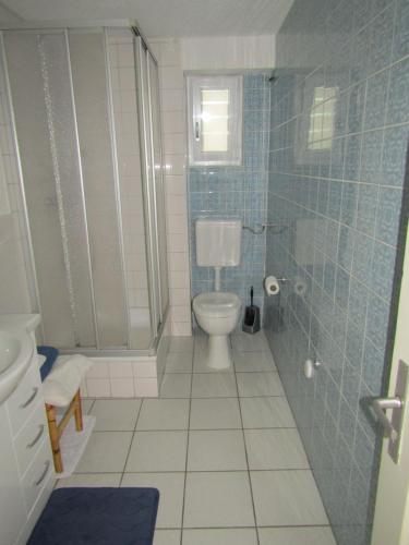 ein Bad mit einem WC und einer Glasdusche in der Unterkunft Ferienwohnung Liesel in Hornberg