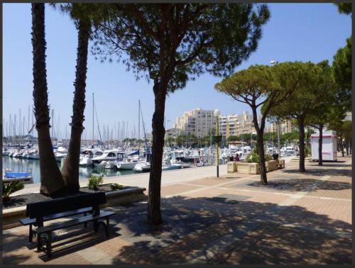 um parque com árvores e um banco ao lado de uma marina em Logement entier port et plages Carnon em Carnon-Plage