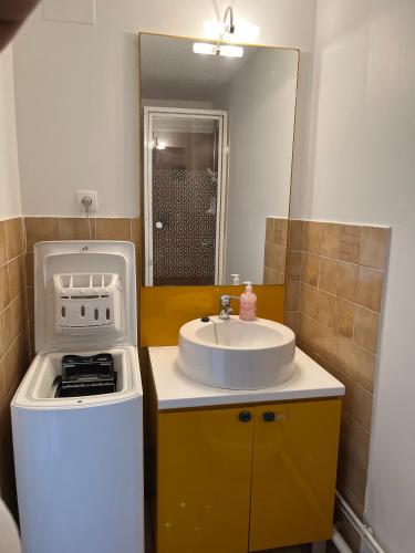 uma pequena cozinha com um lavatório e um fogão em Logement entier port et plages Carnon em Carnon-Plage