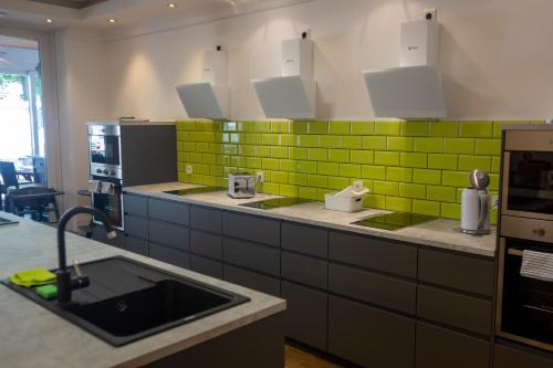 - une cuisine avec du carrelage vert sur le mur et un évier dans l'établissement Ferienresidenz Brauneberger Hof, à Brauneberg