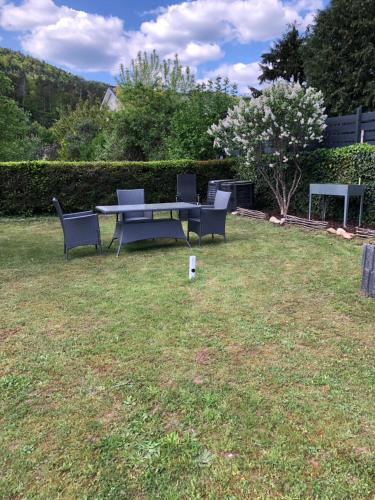 a picnic table and two chairs in a yard at Ferienwohnung in Dahn in Dahn