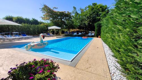 a swimming pool with a rubber duck in the middle of it at Corte Bussari in Arquà Polesine