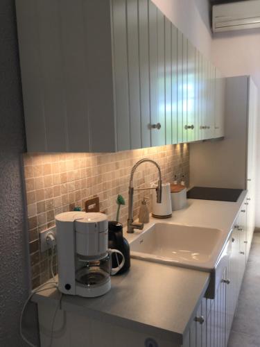 a kitchen with a sink and a coffee maker on a counter at Gites Còr Causy MIMOSA in Causses-et-Veyran