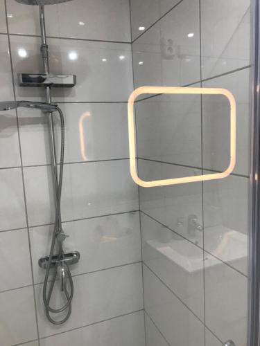 La salle de bains est pourvue d'une douche et d'un miroir. dans l'établissement Tobisborg 1 Simrishamn, à Simrishamn