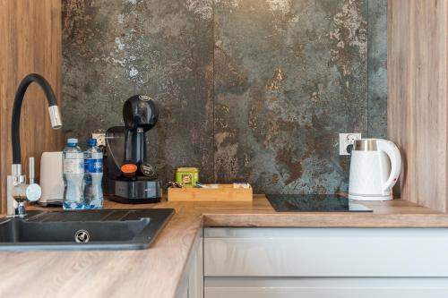 eine Küchentheke mit Kaffeemaschine und Spüle in der Unterkunft Sapphire Premium Apartment in Graudenz