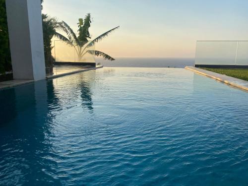 a swimming pool with the ocean in the background at Villa Aleph-Kiralık Müstakil havuzlu lüx villa in Bodrum City
