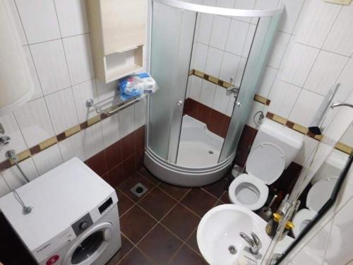 Un baño con ducha, inodoro y lavabo. en Apartman Mrdic, en Trebinje