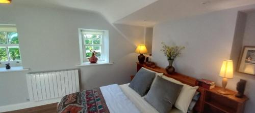 Dingle Woodland Cottage في دينغل: غرفة نوم بسرير مع مصباحين ونوافذ اثنين