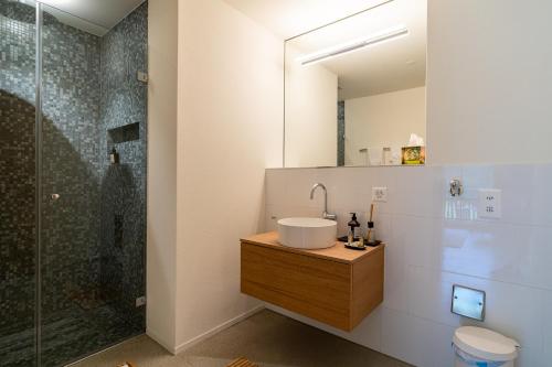 uma casa de banho com um lavatório e um chuveiro em Edelweiss Stenna Selva em Flims