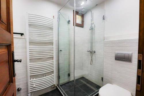 a shower with a glass door in a bathroom at Kisleshegy Balatonudvari Vendégház in Balatonudvari