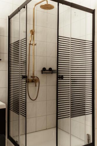 a shower with a glass door in a bathroom at Casa d‘Oro in Friedrichshafen