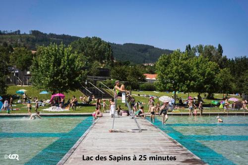 un groupe de personnes dans l'eau d'une piscine dans l'établissement Appartement au coeur de Cours La Ville, à Cours-la-Ville