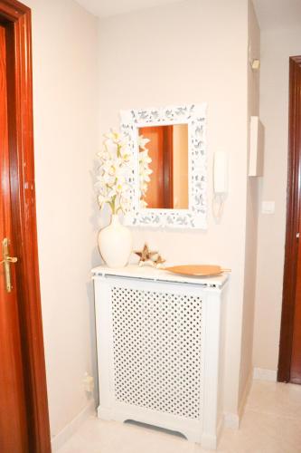 a mirror and a vase on a radiator in a room at Apartamento Dos Valles in Aínsa