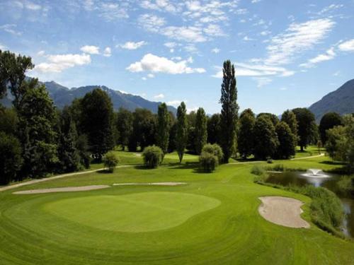 a green golf course with trees and mountains in the background at Hotel Al Fiume in Tegna