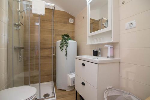 a bathroom with a shower and a toilet and a sink at Pinea in Veli Lošinj