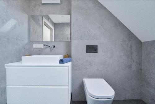 a bathroom with a white sink and a toilet at Water House - Domy Mazur in Ełk
