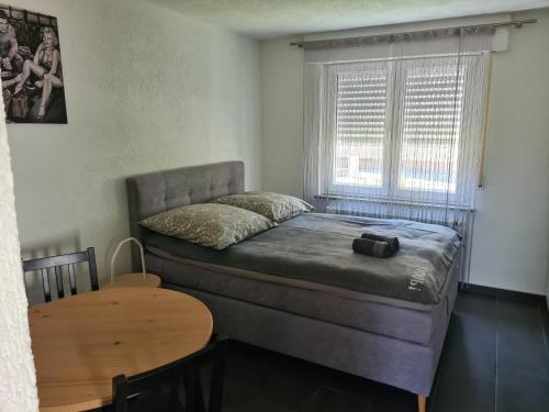 um pequeno quarto com uma cama e uma mesa em Apartment am See em Friedrichshafen