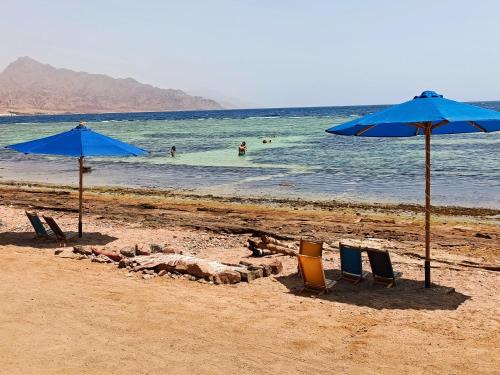 two blue umbrellas and chairs on a beach at Lucky palace Dahab in Dahab