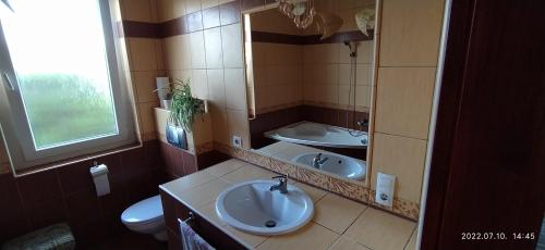 a bathroom with two sinks and a mirror at Barackos Apartman in Tapolca