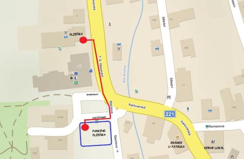 a map of a city with a red circle at Horská chata Plzeňka Pernink in Pernink