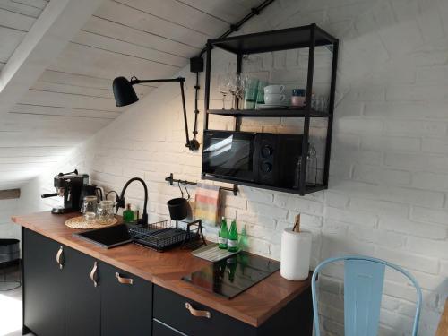 a kitchen with a counter with a sink and a microwave at Apartamenty Rymanów in Rymanów
