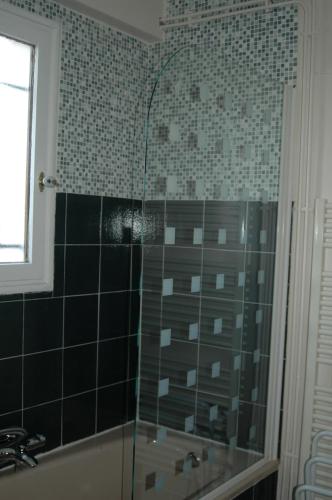 a bathroom with a glass shower with a tub at Le Jardin de Roses DOMINIQUE LOREAU in Saint-Bonnet-de-Mure