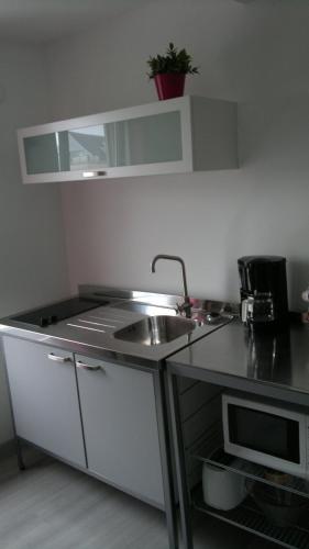 une cuisine avec un évier et un micro-ondes dans l'établissement Appartement entre le port et le centre ville de Perros Guirec, à Perros-Guirec