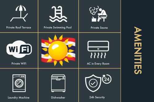 a set of white icons on a black background at 3 BR Stylish Condo with Private Rooftop Pool in Kamala Beach