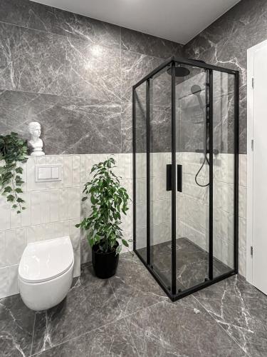 a bathroom with a shower and a toilet and a plant at Kamurke - Apartamentai in Šiauliai