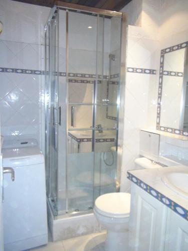 une salle de bain avec une douche, des toilettes et un lavabo dans l'établissement Vacances au soleil à HYERES 25m2 avec balcon, à Hyères