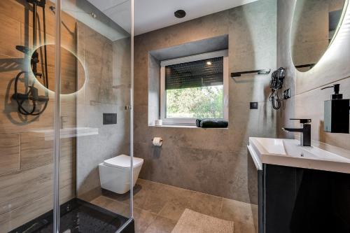 a bathroom with a shower and a toilet and a sink at Loft House Apartment Studio z ogródkiem 1 in Rybnik